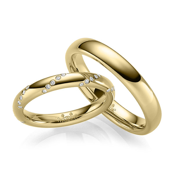 Paar klassische Trauringe/Eheringe in Gelbgold 585 mit zus. 0,15 ct. Brillant tw, si von Steinberg - Q-1672-3 Paar klassische Trauringe/Eheringe in Gelbgold 585 mit zus. 0,15 ct. Brillant tw, si von Steinberg - Q-1672-3