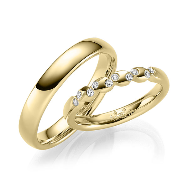 Paar klassische Trauringe/Eheringe in Gelbgold 585 mit zus. 0,15 ct. Brillant tw, si von Steinberg - Q-1678-1 Paar klassische Trauringe/Eheringe in Gelbgold 585 mit zus. 0,15 ct. Brillant tw, si von Steinberg - Q-1678-1