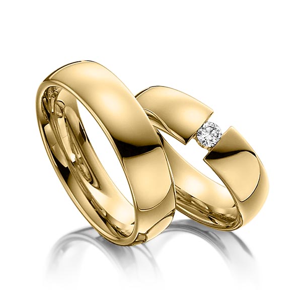 Paar klassische Trauringe/Eheringe in Gelbgold 585 mit zus. 0,1 ct. Brillant tw, si von Steinberg - Q-1085-3 Paar klassische Trauringe/Eheringe in Gelbgold 585 mit zus. 0,1 ct. Brillant tw, si von Steinberg - Q-1085-3