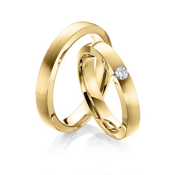 Paar klassische Trauringe/Eheringe in Gelbgold 585 mit zus. 0,1 ct. Brillant tw, si von Steinberg - Q-1479-1 Paar klassische Trauringe/Eheringe in Gelbgold 585 mit zus. 0,1 ct. Brillant tw, si von Steinberg - Q-1479-1