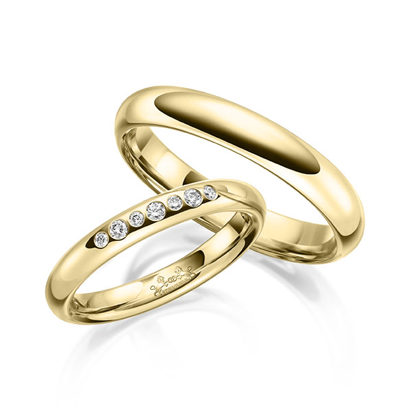 Paar klassische Trauringe/Eheringe in Gelbgold 585 mit zus. 0,1 ct. Brillant tw, si von Steinberg - Q-1634-2 Paar klassische Trauringe/Eheringe in Gelbgold 585 mit zus. 0,1 ct. Brillant tw, si von Steinberg - Q-1634-2