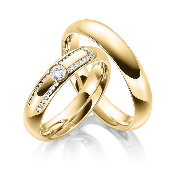 Paar klassische Trauringe/Eheringe in Gelbgold 585 mit zus. 0,29 ct. Brillant tw, si von Steinberg - Q-1468-3 Paar klassische Trauringe/Eheringe in Gelbgold 585 mit zus. 0,29 ct. Brillant tw, si von Steinberg - Q-1468-3