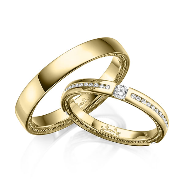 Paar klassische Trauringe/Eheringe in Gelbgold 585 mit zus. 0,465 ct. Brillant tw, si von Steinberg - Q-1656-2 Paar klassische Trauringe/Eheringe in Gelbgold 585 mit zus. 0,465 ct. Brillant tw, si von Steinberg - Q-1656-2