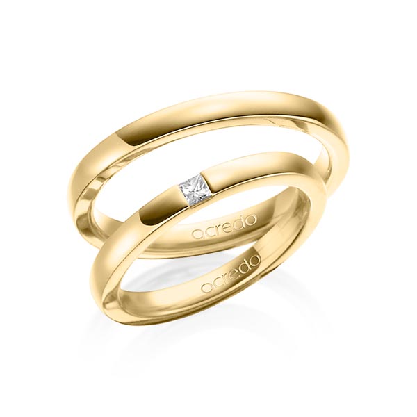 Paar klassische Trauringe/Eheringe in Gelbgold 750 mit zus. 0,07 ct. Prinzess-Diamant tw, si von acredo - A-1460-1 Paar klassische Trauringe/Eheringe in Gelbgold 750 mit zus. 0,07 ct. Prinzess-Diamant tw, si von acredo - A-1460-1