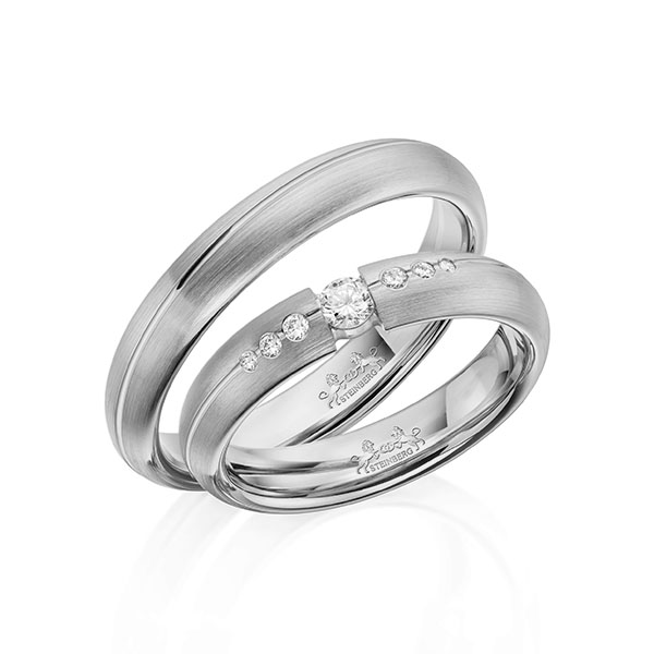 Paar klassische Trauringe/Eheringe in Graugold 585 mit zus. 0,16 ct. Brillant tw, si von Steinberg - Q-1609-8 Paar klassische Trauringe/Eheringe in Graugold 585 mit zus. 0,16 ct. Brillant tw, si von Steinberg - Q-1609-8