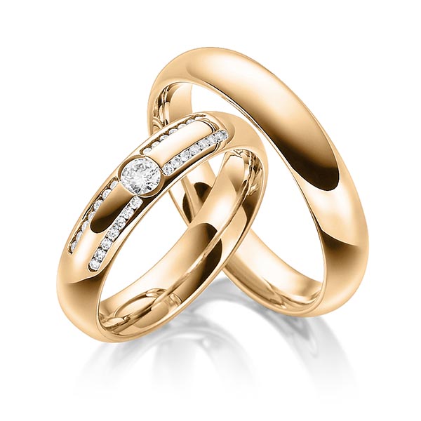 Paar klassische Trauringe/Eheringe in Roségold 585 mit zus. 0,29 ct. Brillant tw, si von Steinberg - Q-1468-4 Paar klassische Trauringe/Eheringe in Roségold 585 mit zus. 0,29 ct. Brillant tw, si von Steinberg - Q-1468-4
