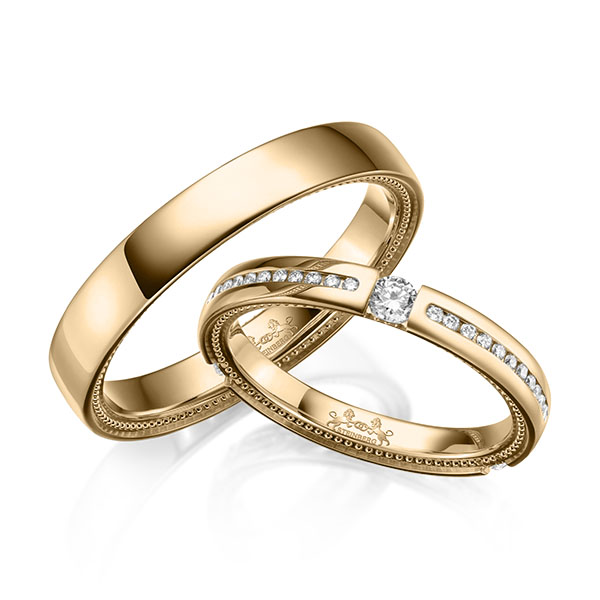 Paar klassische Trauringe/Eheringe in Roségold 585 mit zus. 0,465 ct. Brillant tw, si von Steinberg - Q-1656-1 Paar klassische Trauringe/Eheringe in Roségold 585 mit zus. 0,465 ct. Brillant tw, si von Steinberg - Q-1656-1
