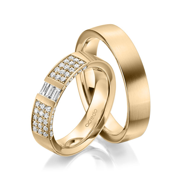 Paar klassische Trauringe/Eheringe in Roségold 585 mit zus. 0,61 ct. Brillant & Baguette-Diamant tw, si tw, vs von acredo - A-1969-4 Paar klassische Trauringe/Eheringe in Roségold 585 mit zus. 0,61 ct. Brillant & Baguette-Diamant tw, si tw, vs von acredo - A-1969-4