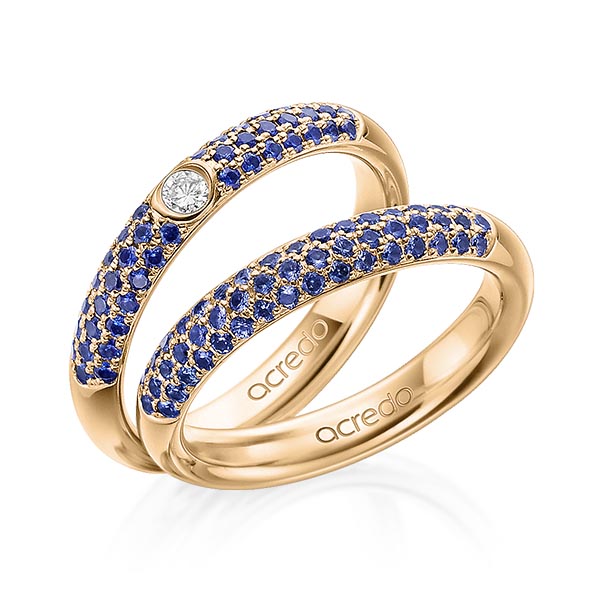 Paar klassische Trauringe/Eheringe in Roségold 585 mit zus. 0,808 ct. Brillant Saphir Blau (A 10) tw, si Saphir Hellblau (A 6) von acredo - A-1915-4 Paar klassische Trauringe/Eheringe in Roségold 585 mit zus. 0,808 ct. Brillant Saphir Blau (A 10) tw, si Saphir Hellblau (A 6) von acredo - A-1915-4
