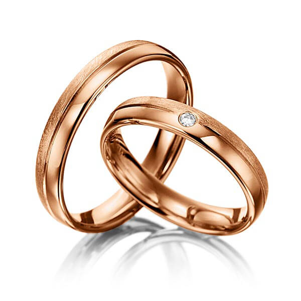Paar klassische Trauringe/Eheringe in Rotgold 585 mit zus. 0,03 ct. Brillant tw, si von acredo - S-1063-4 Paar klassische Trauringe/Eheringe in Rotgold 585 mit zus. 0,03 ct. Brillant tw, si von acredo - S-1063-4