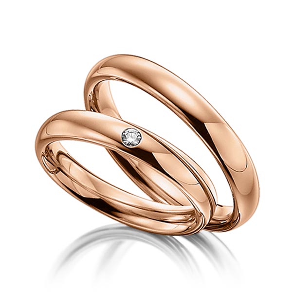 Paar klassische Trauringe/Eheringe in Rotgold 585 mit zus. 0,03 ct. Brillant tw, si von Steinberg - Q-1084-3 Paar klassische Trauringe/Eheringe in Rotgold 585 mit zus. 0,03 ct. Brillant tw, si von Steinberg - Q-1084-3