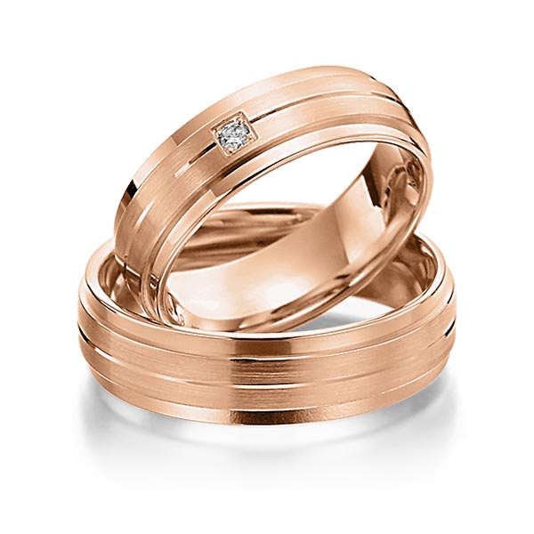 Paar klassische Trauringe/Eheringe in Rotgold 585 mit zus. 0,03 ct. Brillant tw, si von Steinberg - T-1138-4 Paar klassische Trauringe/Eheringe in Rotgold 585 mit zus. 0,03 ct. Brillant tw, si von Steinberg - T-1138-4
