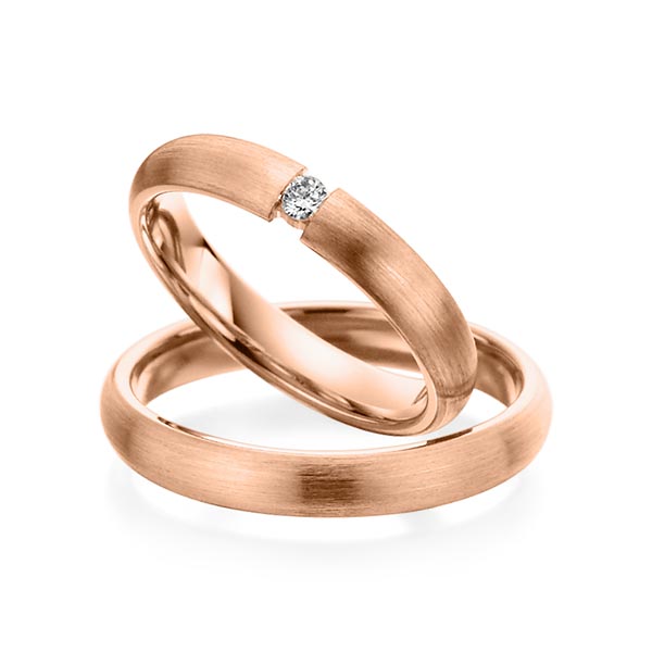 Paar klassische Trauringe/Eheringe in Rotgold 585 mit zus. 0,04 ct. Brillant tw, si von Steinberg - Q-1082-4 Paar klassische Trauringe/Eheringe in Rotgold 585 mit zus. 0,04 ct. Brillant tw, si von Steinberg - Q-1082-4