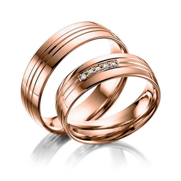 Paar klassische Trauringe/Eheringe in Rotgold 585 mit zus. 0,05 ct. Brillant tw, si von Steinberg - Q-1052-9 Paar klassische Trauringe/Eheringe in Rotgold 585 mit zus. 0,05 ct. Brillant tw, si von Steinberg - Q-1052-9