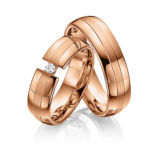 Paar klassische Trauringe/Eheringe in Rotgold 585 mit zus. 0,05 ct. Brillant tw, si von Steinberg - Q-1088-4 Paar klassische Trauringe/Eheringe in Rotgold 585 mit zus. 0,05 ct. Brillant tw, si von Steinberg - Q-1088-4