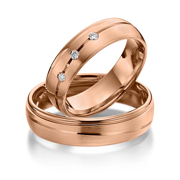 Paar klassische Trauringe/Eheringe in Rotgold 585 mit zus. 0,06 ct. Brillant tw, si von Steinberg - T-1127-4 Paar klassische Trauringe/Eheringe in Rotgold 585 mit zus. 0,06 ct. Brillant tw, si von Steinberg - T-1127-4