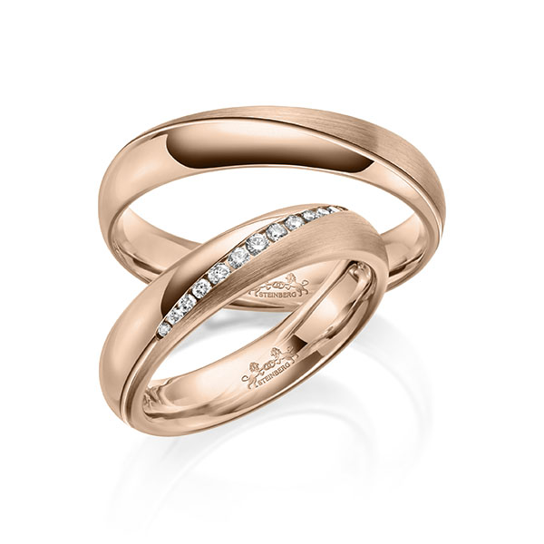 Paar klassische Trauringe/Eheringe in Rotgold 585 mit zus. 0,14 ct. Brillant tw, si von Steinberg - Q-1626-3 Paar klassische Trauringe/Eheringe in Rotgold 585 mit zus. 0,14 ct. Brillant tw, si von Steinberg - Q-1626-3