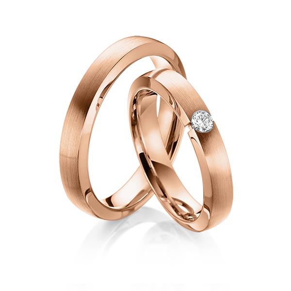 Paar klassische Trauringe/Eheringe in Rotgold 585 mit zus. 0,1 ct. Brillant tw, si von Steinberg - Q-1479-3 Paar klassische Trauringe/Eheringe in Rotgold 585 mit zus. 0,1 ct. Brillant tw, si von Steinberg - Q-1479-3