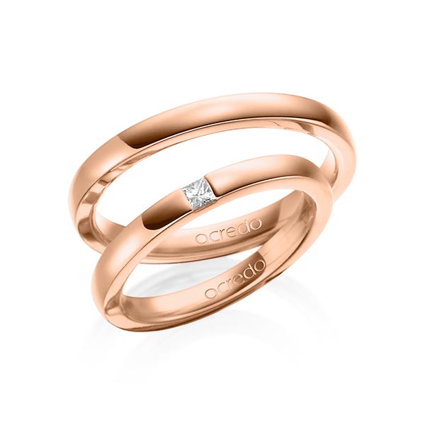 Paar klassische Trauringe/Eheringe in Rotgold 750 mit zus. 0,07 ct. Prinzess-Diamant tw, si von acredo - A-1460-4 Paar klassische Trauringe/Eheringe in Rotgold 750 mit zus. 0,07 ct. Prinzess-Diamant tw, si von acredo - A-1460-4