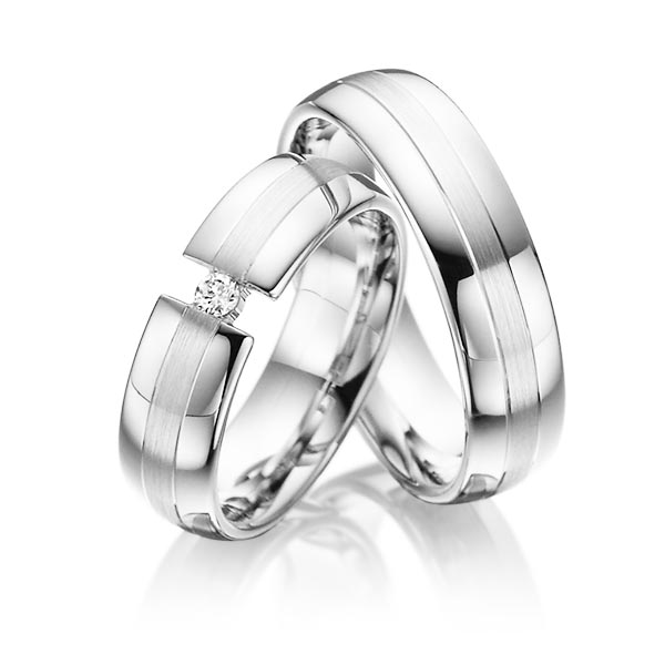 Paar klassische Trauringe/Eheringe in Weissgold 585 mit zus. 0,05 ct. Brillant tw, si von Steinberg - Q-1088-2 Paar klassische Trauringe/Eheringe in Weissgold 585 mit zus. 0,05 ct. Brillant tw, si von Steinberg - Q-1088-2