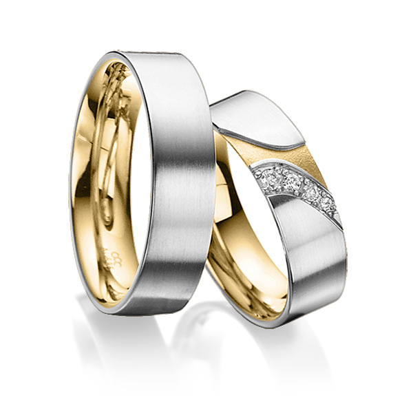 Set Bicolor trouwringen in buiten grijsgoud 14 kt. , binnen geelgoud 14 kt. met in totaal 0,075 ct. Briljant tw/si van acredo - A-3021-2 Set Bicolor trouwringen in buiten grijsgoud 14 kt. , binnen geelgoud 14 kt. met in totaal 0,075 ct. Briljant tw/si van acredo - A-3021-2