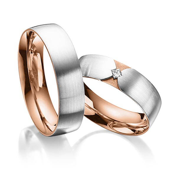 Set Bicolor trouwringen in buiten platina 950 , binnen roodgoud 18 kt. met in totaal 0,04 ct. Princess-Diamant tw/si van acredo - A-3020-6 Set Bicolor trouwringen in buiten platina 950 , binnen roodgoud 18 kt. met in totaal 0,04 ct. Princess-Diamant tw/si van acredo - A-3020-6