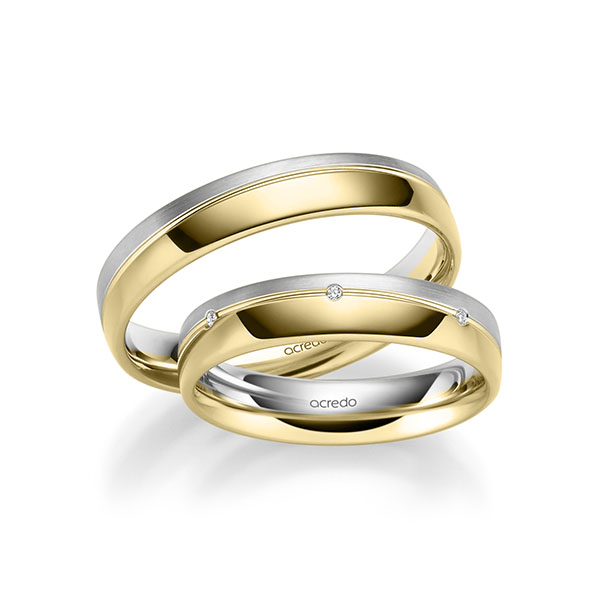 Set Bicolor trouwringen in geelgoud 14 kt. witgoud 14 kt. met in totaal 0,035 ct. Briljant tw/si van acredo - A-3016-20 Set Bicolor trouwringen in geelgoud 14 kt. witgoud 14 kt. met in totaal 0,035 ct. Briljant tw/si van acredo - A-3016-20