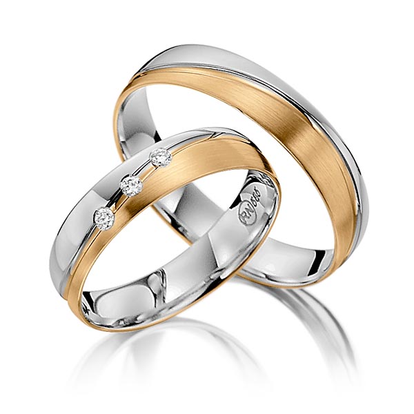 Set Bicolor trouwringen in grijsgoud 14 kt. roségoud 14 kt. met in totaal 0,06 ct. Briljant tw/si van Steinberg - Q-1395-10 Set Bicolor trouwringen in grijsgoud 14 kt. roségoud 14 kt. met in totaal 0,06 ct. Briljant tw/si van Steinberg - Q-1395-10