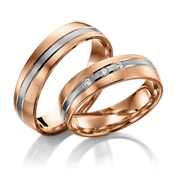 Set Bicolor trouwringen in roodgoud 14 kt. grijsgoud 14 kt. met in totaal 0,06 ct. Briljant tw/si van Steinberg - Q-1391-10 Set Bicolor trouwringen in roodgoud 14 kt. grijsgoud 14 kt. met in totaal 0,06 ct. Briljant tw/si van Steinberg - Q-1391-10