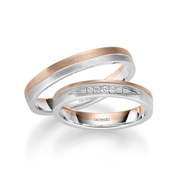 Set Bicolor trouwringen in roodgoud 14 kt. witgoud 14 kt. met in totaal 0,061 ct. Briljant tw/si van acredo - S-1255-3 Set Bicolor trouwringen in roodgoud 14 kt. witgoud 14 kt. met in totaal 0,061 ct. Briljant tw/si van acredo - S-1255-3