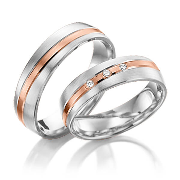 Set Bicolor trouwringen in witgoud 14 kt. roodgoud 14 kt. met in totaal 0,06 ct. Briljant tw/si van Steinberg - Q-1391-11 Set Bicolor trouwringen in witgoud 14 kt. roodgoud 14 kt. met in totaal 0,06 ct. Briljant tw/si van Steinberg - Q-1391-11