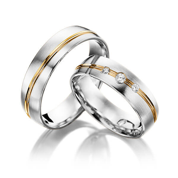Set Bicolor trouwringen in witgoud 14 kt. roségoud 14 kt. met in totaal 0,08 ct. Briljant tw/si van Steinberg - Q-1393-11 Set Bicolor trouwringen in witgoud 14 kt. roségoud 14 kt. met in totaal 0,08 ct. Briljant tw/si van Steinberg - Q-1393-11