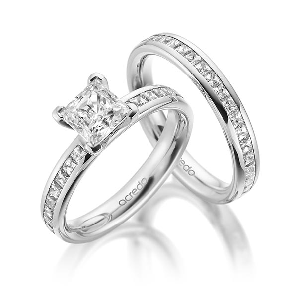 Set in Weißgold 585 mit 1 ct. + zus. 1,05 ct. Brillant & Prinzess-Diamant tw, vs tw, si von acredo - A-2004-1 Set in Weißgold 585 mit 1 ct. + zus. 1,05 ct. Brillant & Prinzess-Diamant tw, vs tw, si von acredo - A-2004-1