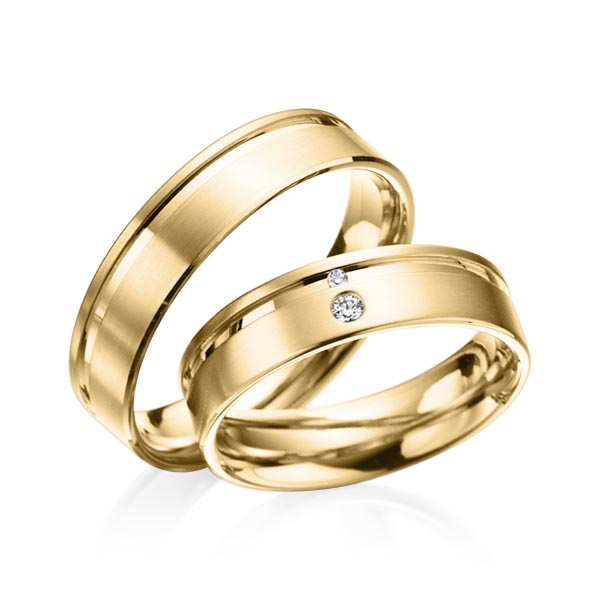 Set Klassieke trouwringen in geelgoud 14 kt. met in totaal 0,038 ct. Briljant tw/si van acredo - A-3013-4 Set Klassieke trouwringen in geelgoud 14 kt. met in totaal 0,038 ct. Briljant tw/si van acredo - A-3013-4