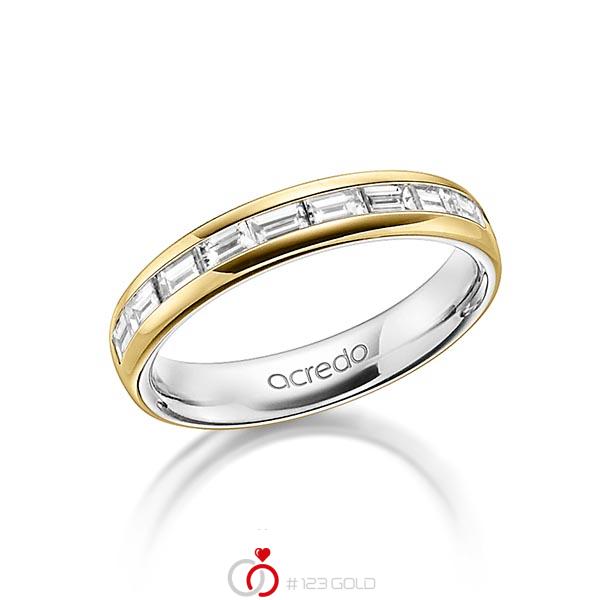 Bicolor Memoire-trouwring in buiten geelgoud 18 kt. , binnen platina 950 half gezet met in totaal 0,8 ct. Baguette-Diamant tw,vs van acredo - A-1557-10 Bicolor Memoire-trouwring in buiten geelgoud 18 kt. , binnen platina 950 half gezet met in totaal 0,8 ct. Baguette-Diamant tw,vs van acredo - A-1557-10