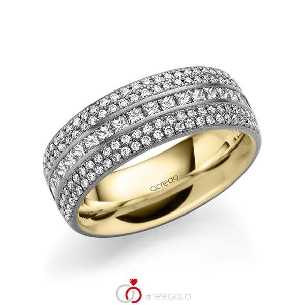 Bicolor Memoire-trouwring in buiten grijsgoud 14 kt. , binnen geelgoud 14 kt. half gezet met in totaal 1,12 ct. Briljant & Princess-Diamant tw/si van acredo - A-1623-14 Bicolor Memoire-trouwring in buiten grijsgoud 14 kt. , binnen geelgoud 14 kt. half gezet met in totaal 1,12 ct. Briljant & Princess-Diamant tw/si van acredo - A-1623-14