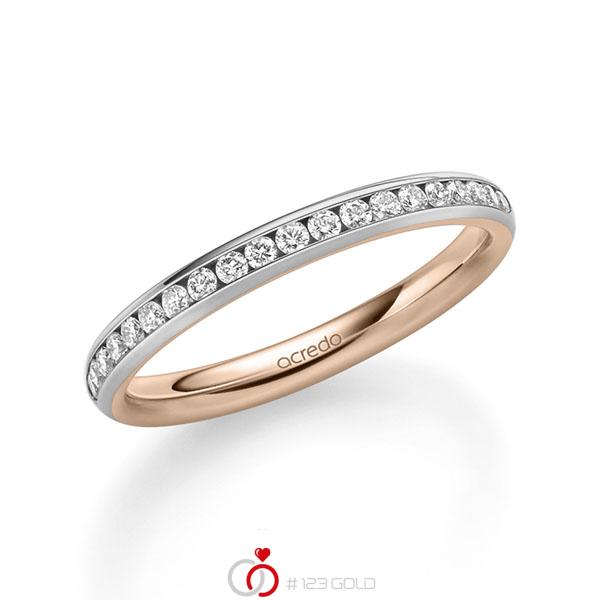 Bicolor Memoire-trouwring in buiten grijsgoud 14 kt. , binnen roodgoud 14 kt. half gezet met in totaal 0,285 ct. Briljant tw/si van acredo - A-1677-14 Bicolor Memoire-trouwring in buiten grijsgoud 14 kt. , binnen roodgoud 14 kt. half gezet met in totaal 0,285 ct. Briljant tw/si van acredo - A-1677-14