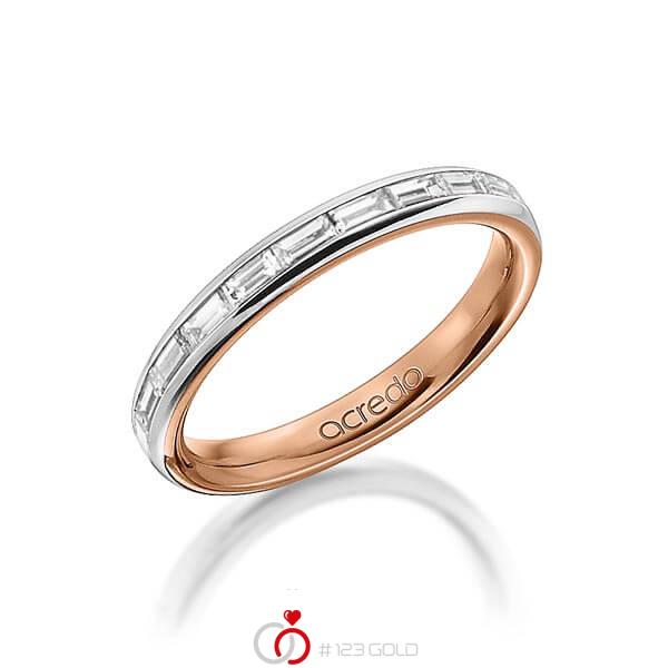Bicolor Memoire-trouwring in buiten platina 950 , binnen roodgoud 18 kt. half gezet met in totaal 0,55 ct. Baguette-Diamant tw,vs van acredo - A-1555-11 Bicolor Memoire-trouwring in buiten platina 950 , binnen roodgoud 18 kt. half gezet met in totaal 0,55 ct. Baguette-Diamant tw,vs van acredo - A-1555-11