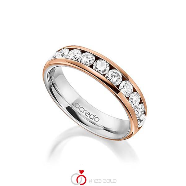 Bicolor Memoire-trouwring in buiten roodgoud 14 kt. , binnen grijsgoud 14 kt. half gezet met in totaal 1,1 ct. Briljant tw/si van acredo - A-1558-2 Bicolor Memoire-trouwring in buiten roodgoud 14 kt. , binnen grijsgoud 14 kt. half gezet met in totaal 1,1 ct. Briljant tw/si van acredo - A-1558-2
