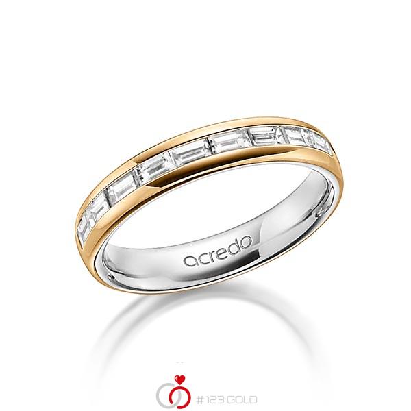 Bicolor Memoire-trouwring in buiten roségoud 14 kt. , binnen grijsgoud 14 kt. half gezet met in totaal 0,8 ct. Baguette-Diamant tw,vs van acredo - A-1557-1 Bicolor Memoire-trouwring in buiten roségoud 14 kt. , binnen grijsgoud 14 kt. half gezet met in totaal 0,8 ct. Baguette-Diamant tw,vs van acredo - A-1557-1