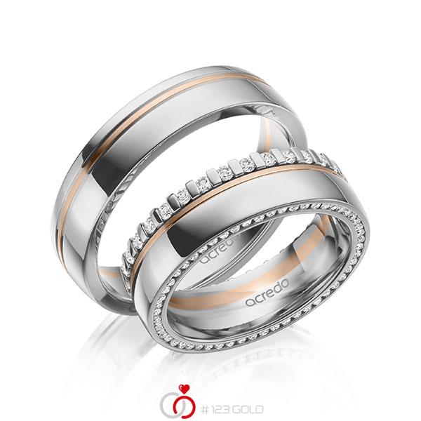 Bicolor Memoire-trouwring in grijsgoud 14 kt. roodgoud 14 kt. volledig gezet met in totaal 0,75 ct. Briljant tw/si van acredo - A-2101-11 Bicolor Memoire-trouwring in grijsgoud 14 kt. roodgoud 14 kt. volledig gezet met in totaal 0,75 ct. Briljant tw/si van acredo - A-2101-11