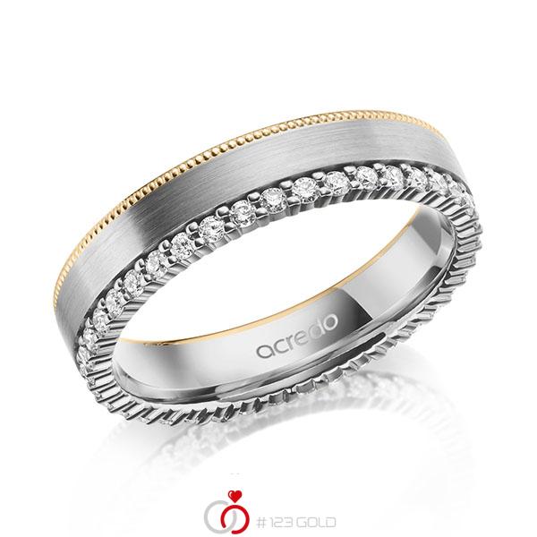 Bicolor Memoire-trouwring in grijsgoud 14 kt. roségoud 14 kt. volledig gezet met in totaal 0,38 ct. tw/si van acredo - A-2104-8 Bicolor Memoire-trouwring in grijsgoud 14 kt. roségoud 14 kt. volledig gezet met in totaal 0,38 ct. tw/si van acredo - A-2104-8