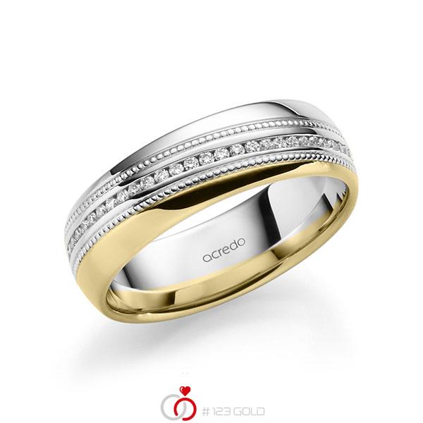Bicolor Memoire-trouwring in witgoud 14 kt. geelgoud 14 kt. volledig gezet met in totaal 0,28 ct. Briljant tw/si van acredo - A-1757-12 Bicolor Memoire-trouwring in witgoud 14 kt. geelgoud 14 kt. volledig gezet met in totaal 0,28 ct. Briljant tw/si van acredo - A-1757-12