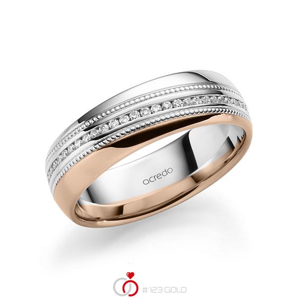 Bicolor Memoire-trouwring in witgoud 14 kt. roodgoud 14 kt. volledig gezet met in totaal 0,28 ct. Briljant tw/si van acredo - A-1757-13 Bicolor Memoire-trouwring in witgoud 14 kt. roodgoud 14 kt. volledig gezet met in totaal 0,28 ct. Briljant tw/si van acredo - A-1757-13