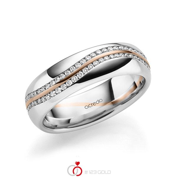 Bicolor Memoire-trouwring in witgoud 14 kt. roodgoud 14 kt. volledig gezet met in totaal 0,59 ct. Briljant tw/si van acredo - A-1711-23 Bicolor Memoire-trouwring in witgoud 14 kt. roodgoud 14 kt. volledig gezet met in totaal 0,59 ct. Briljant tw/si van acredo - A-1711-23