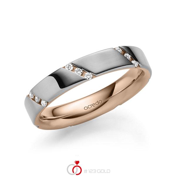 Bicolor trouwring in buiten grijsgoud 14 kt. , binnen roodgoud 14 kt. met in totaal 0,21 ct. Briljant tw/si van acredo - A-1977-14 Bicolor trouwring in buiten grijsgoud 14 kt. , binnen roodgoud 14 kt. met in totaal 0,21 ct. Briljant tw/si van acredo - A-1977-14