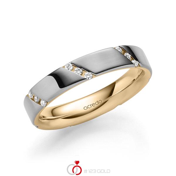 Bicolor trouwring in buiten grijsgoud 14 kt. , binnen roségoud 14 kt. met in totaal 0,21 ct. Briljant tw/si van acredo - A-1977-12 Bicolor trouwring in buiten grijsgoud 14 kt. , binnen roségoud 14 kt. met in totaal 0,21 ct. Briljant tw/si van acredo - A-1977-12