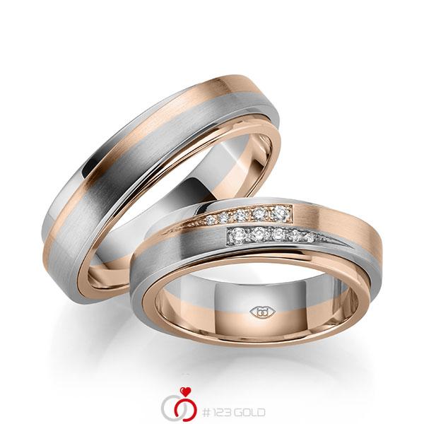 Bicolor trouwring in buiten roodgoud 14 kt. , binnen grijsgoud 14 kt. met in totaal 0,114 ct. Briljant tw/si - UQ-1049-1 Bicolor trouwring in buiten roodgoud 14 kt. , binnen grijsgoud 14 kt. met in totaal 0,114 ct. Briljant tw/si - UQ-1049-1