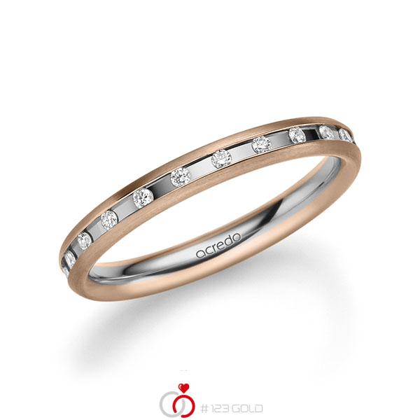 Bicolor trouwring in roodgoud 14 kt. grijsgoud 14 kt. met in totaal 0,22 ct. Briljant tw/si van acredo - A-2216-5 Bicolor trouwring in roodgoud 14 kt. grijsgoud 14 kt. met in totaal 0,22 ct. Briljant tw/si van acredo - A-2216-5