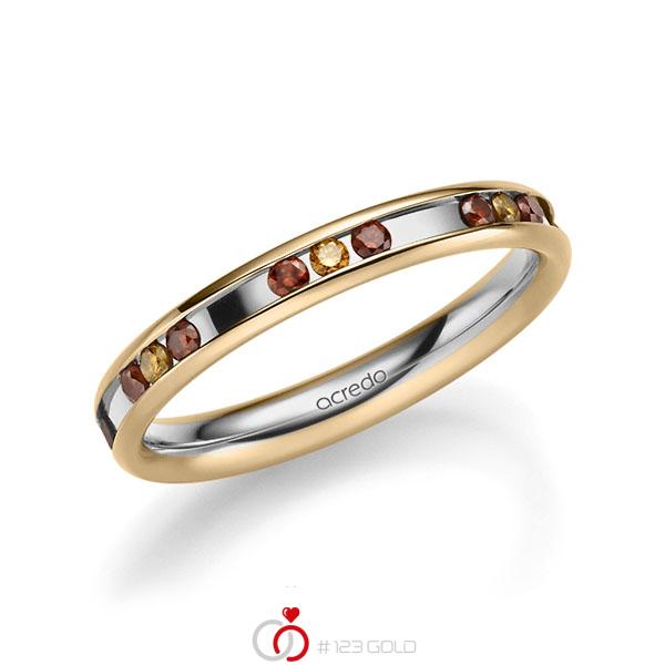 Bicolor trouwring in roségoud 14 kt. grijsgoud 14 kt. met in totaal 0,42 ct. Briljant Red Cherry Cognac van acredo - A-2219-1 Bicolor trouwring in roségoud 14 kt. grijsgoud 14 kt. met in totaal 0,42 ct. Briljant Red Cherry Cognac van acredo - A-2219-1